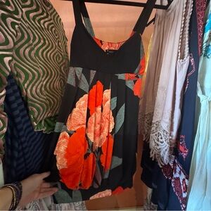 Floral Black and Red Tulip Hem Mini Dress